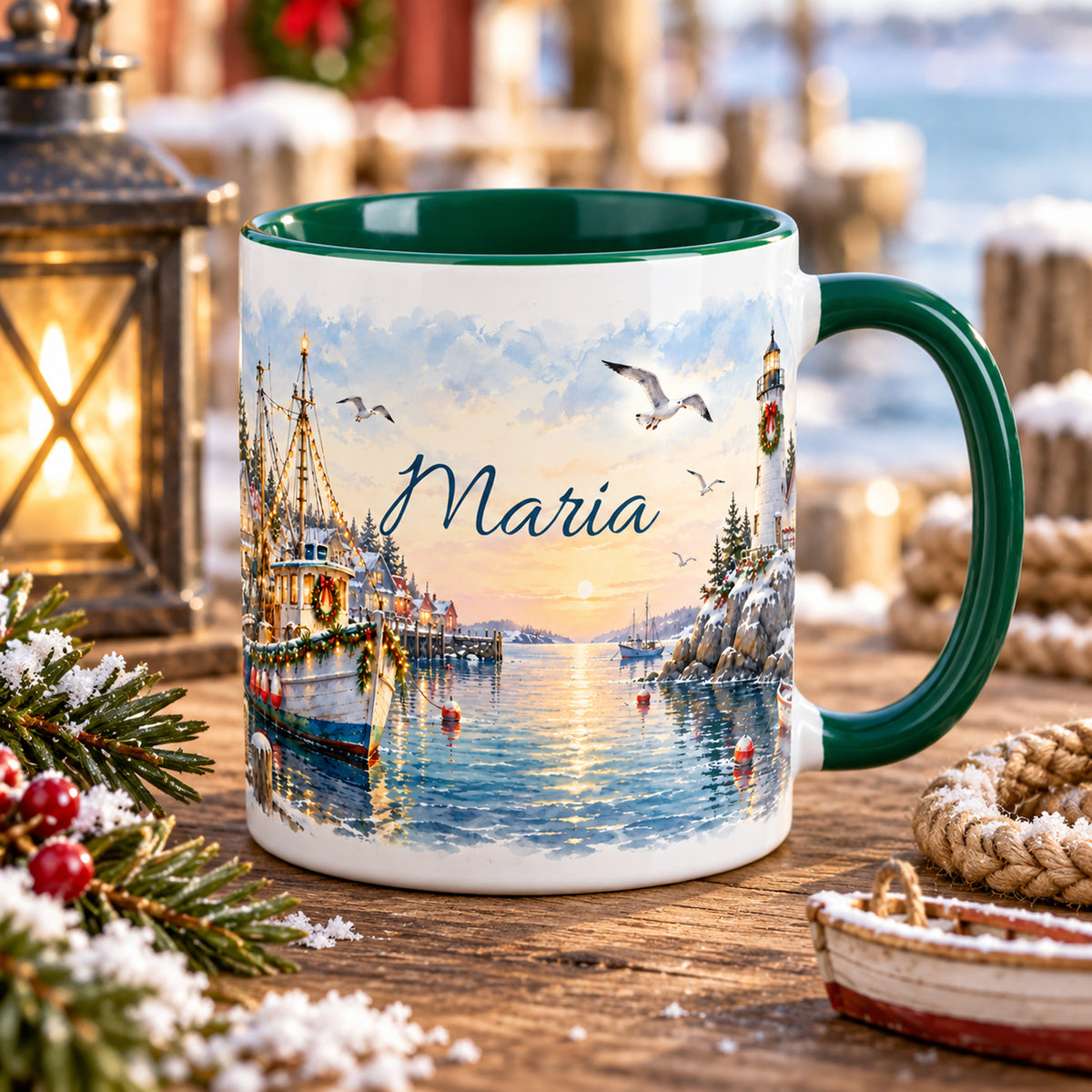 Personalisierte weiß-grüne Weihnachtstasse mit Festlicher Fischerhafen in einer maritimen Weihnachtsszene.