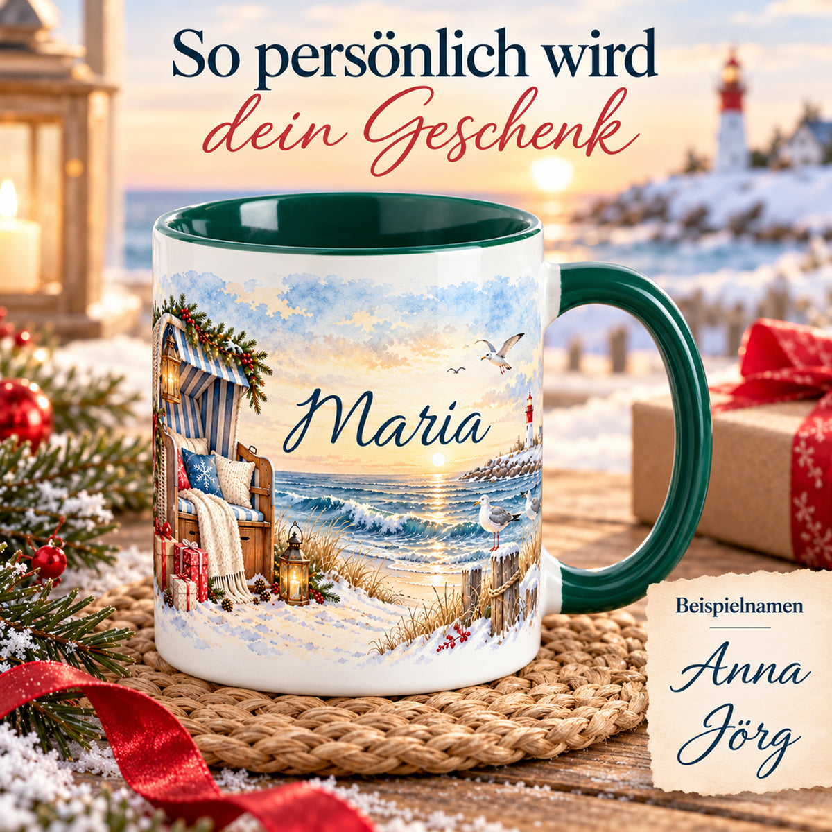 Weihnachtstasse Weihnachten am Strandkorb mit Namensdruck und separat gekennzeichneten Beispielnamen.