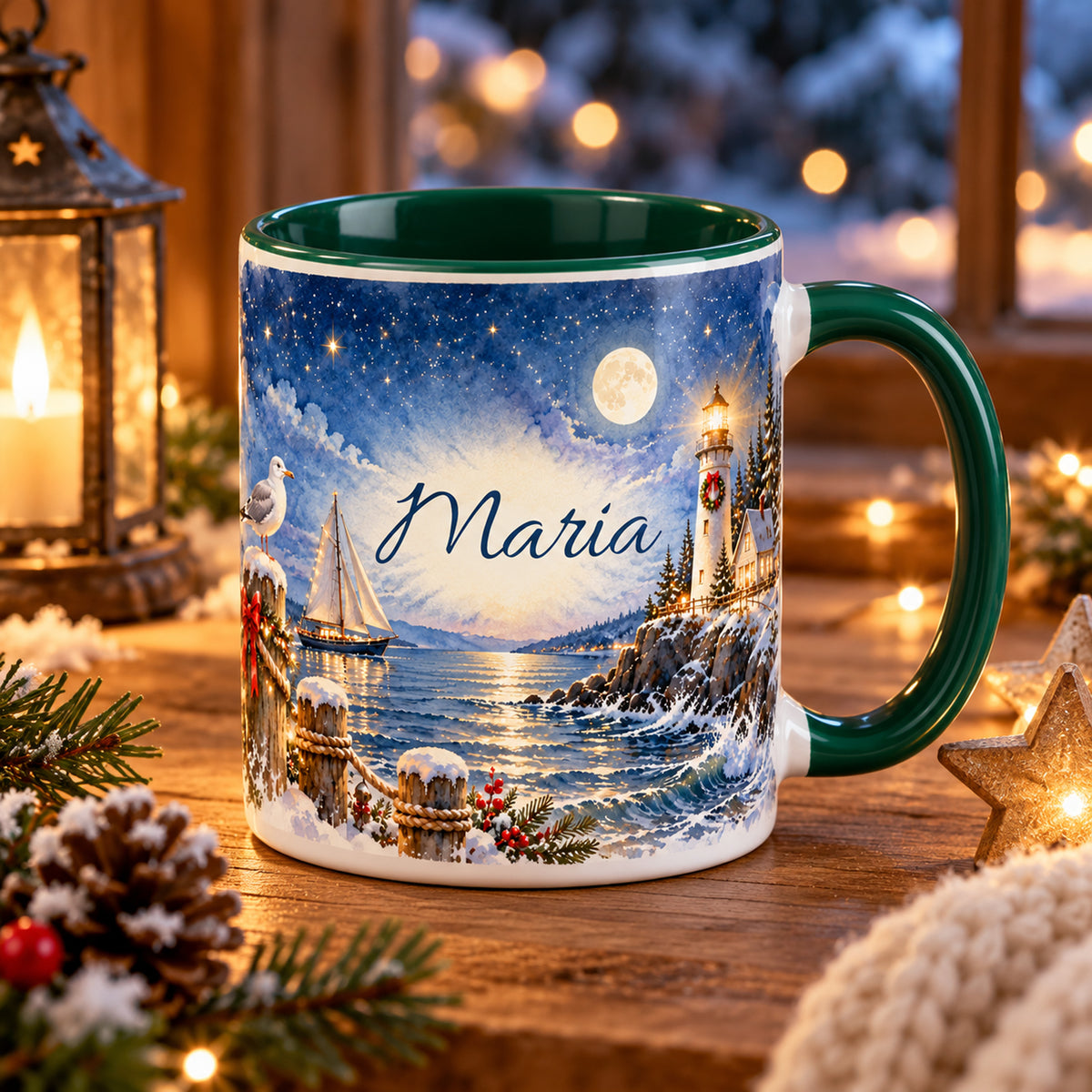 Personalisierte weiß-grüne Weihnachtstasse mit Küstenweihnacht bei Nacht in einer maritimen Weihnachtsszene.