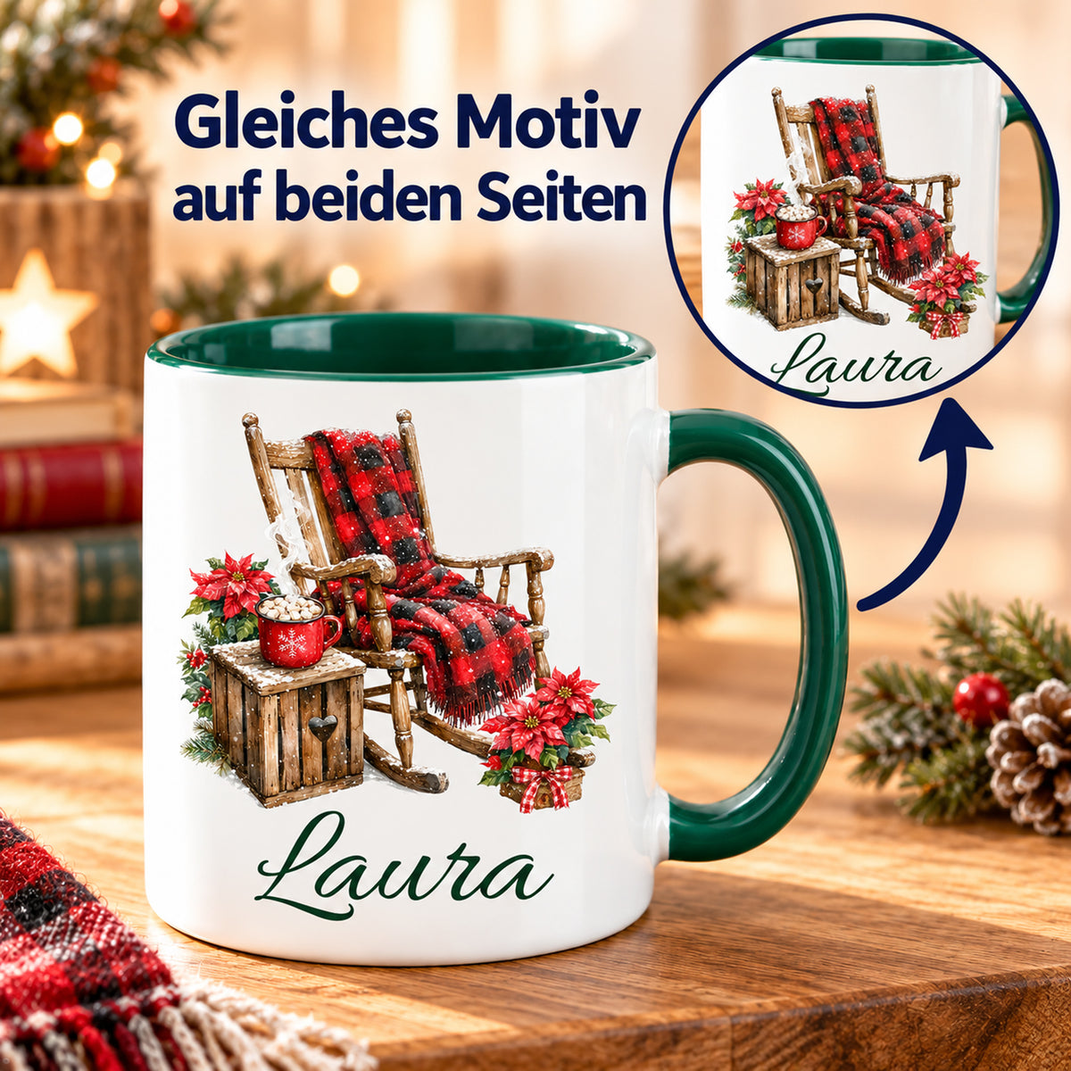 Vorder- und Rückseite der Tasse mit gleichem Schaukelstuhl-Motiv und Wunschname.