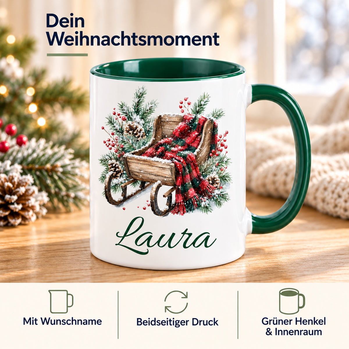 Tasse mit Schlitten-Motiv: Wunschname, beidseitiger Druck sowie grüner Henkel und Innenraum.