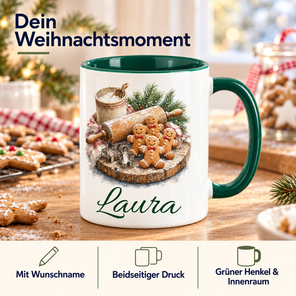 Tasse mit Weihnachtsbäckerei-Motiv: Wunschname, beidseitiger Druck sowie grüner Henkel und Innenraum.