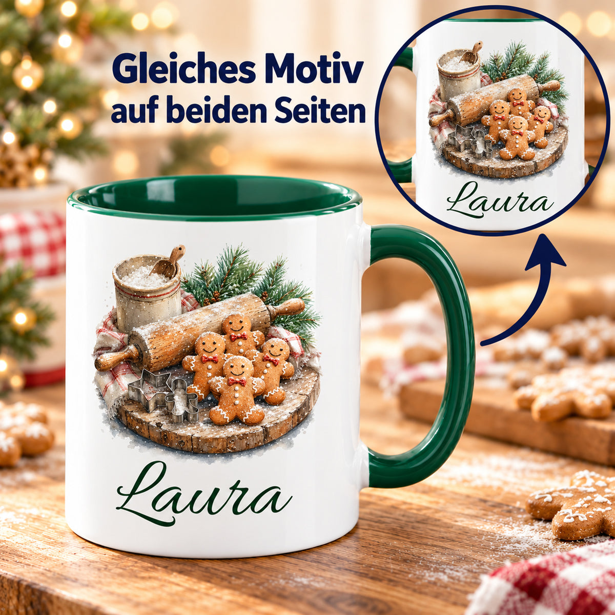 Vorder- und Rückseite der Tasse mit gleichem Weihnachtsbäckerei-Motiv und Wunschname.