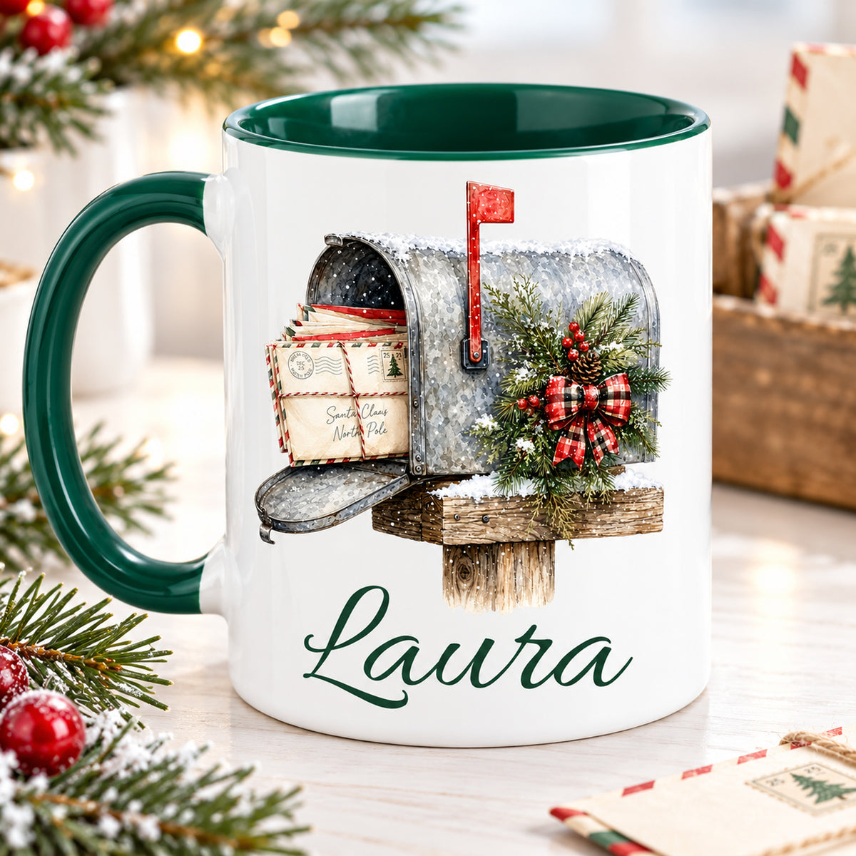 Rückseite der Weihnachtstasse mit Weihnachtspost-Motiv und Wunschname, grüner Henkel links.