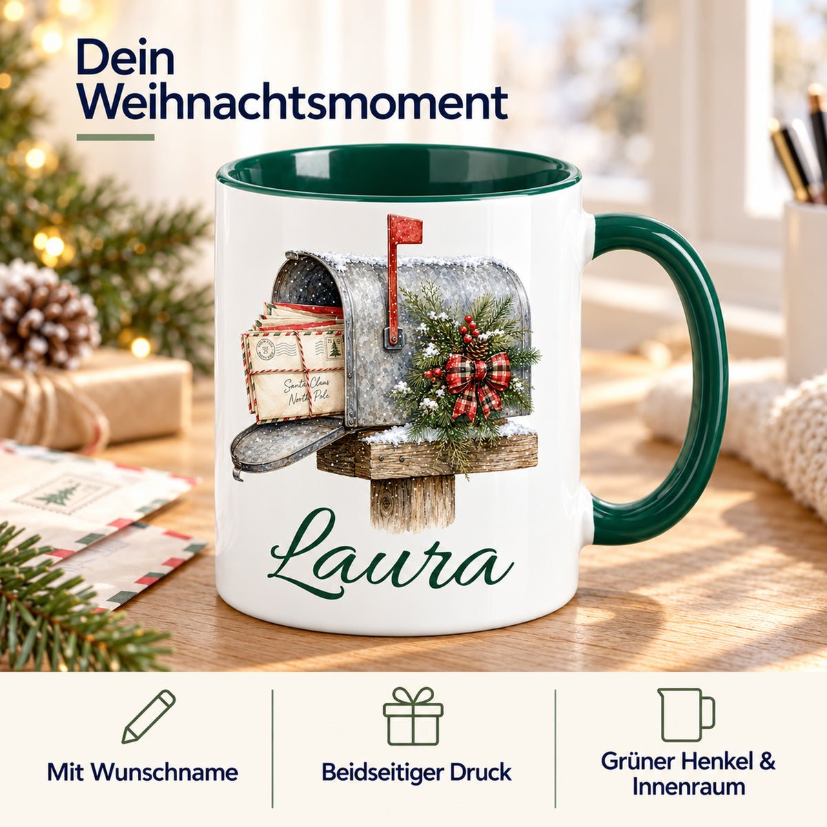 Tasse mit Weihnachtspost-Motiv: Wunschname, beidseitiger Druck sowie grüner Henkel und Innenraum.