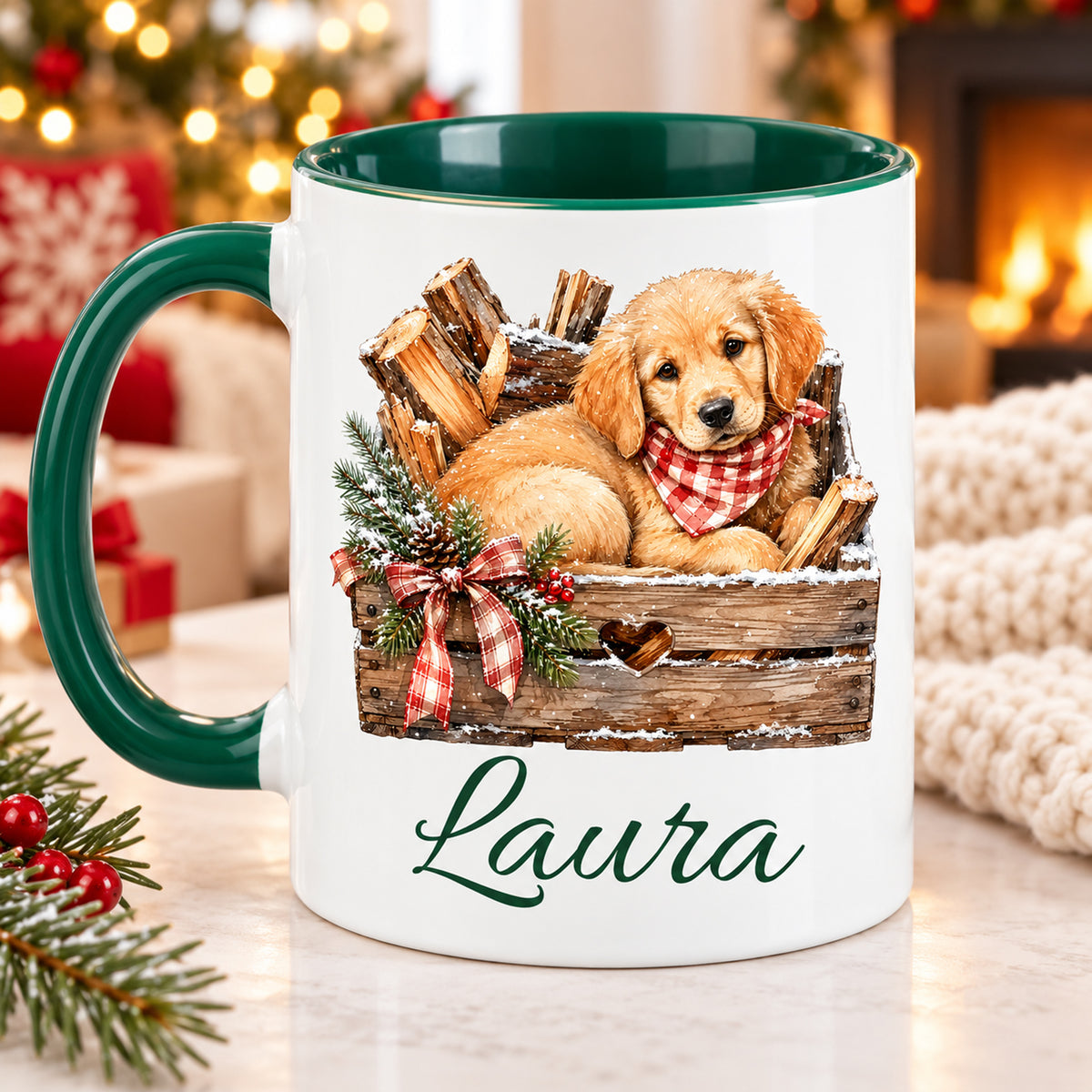 Rückseite der Weihnachtstasse mit Hund-Motiv und Wunschname, grüner Henkel links.