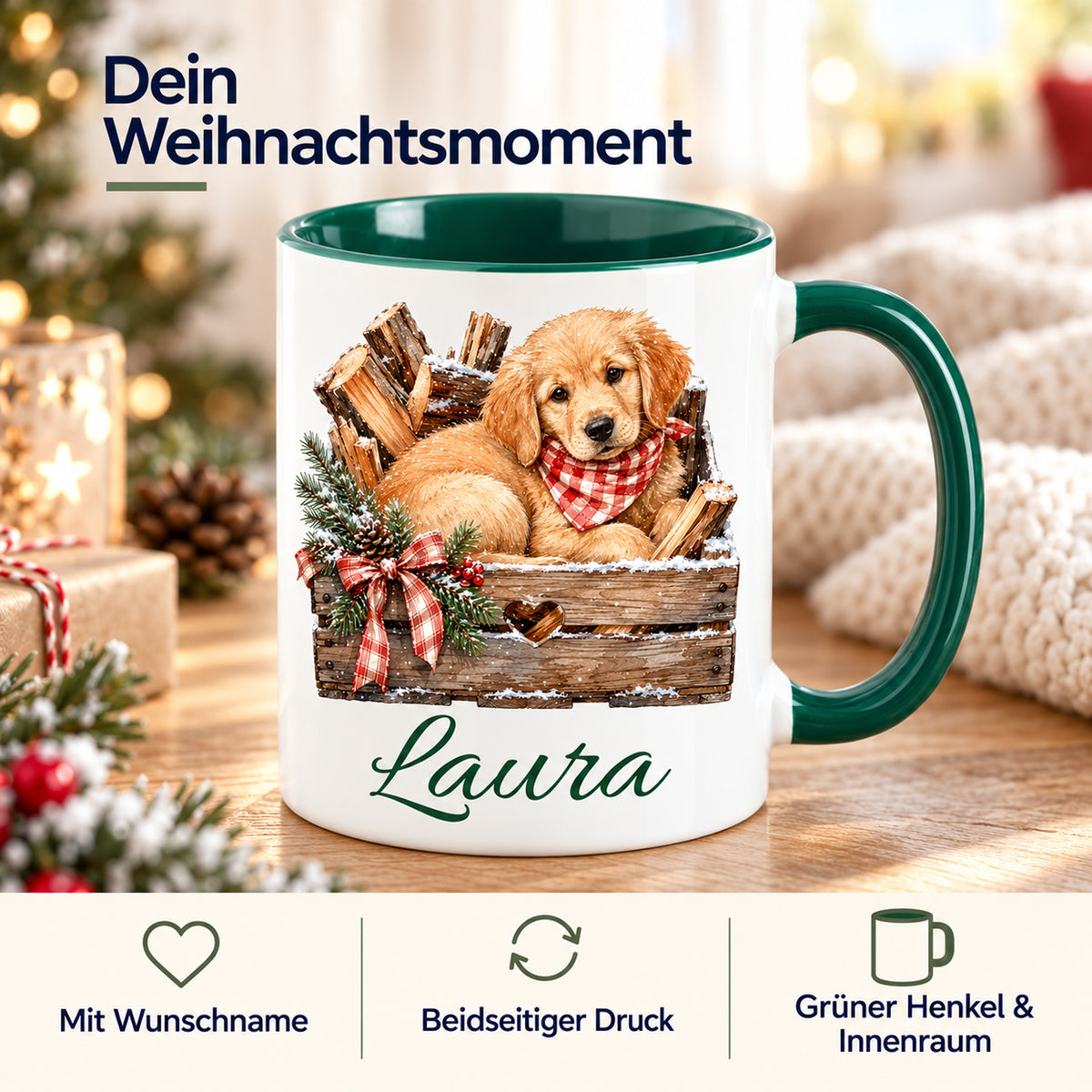 Tasse mit Hund-Motiv: Wunschname, beidseitiger Druck sowie grüner Henkel und Innenraum.