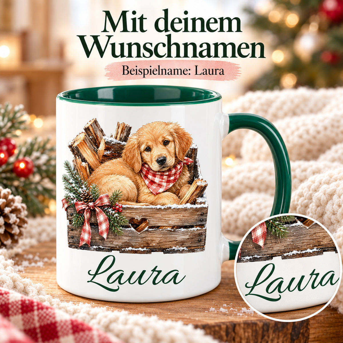 Personalisierte Tasse mit Hund-Motiv; vergrößertes Detail der dunkelgrünen Namensschrift.