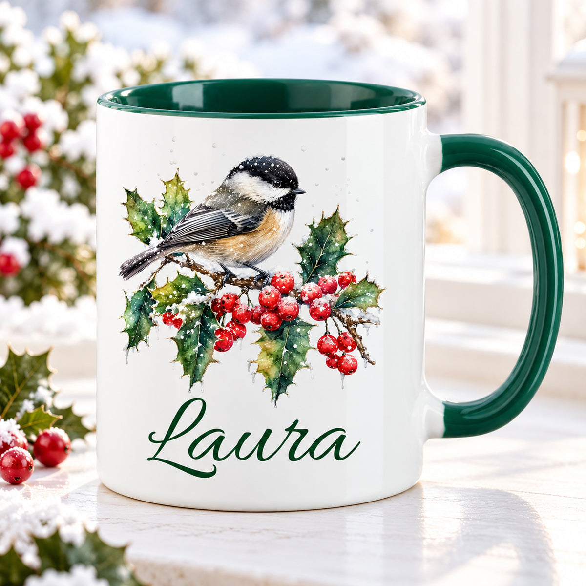 Weihnachtstasse mit Wintervogel-Motiv und Wunschname, weißer Körper, grüner Henkel und Innenraum.