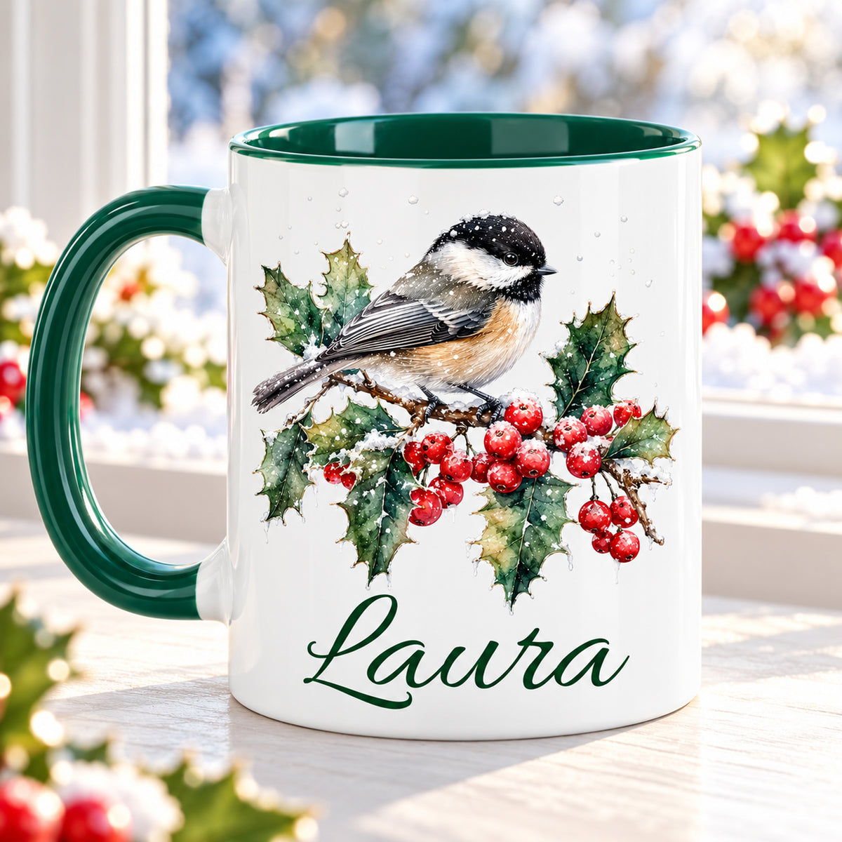 Rückseite der Weihnachtstasse mit Wintervogel-Motiv und Wunschname, grüner Henkel links.