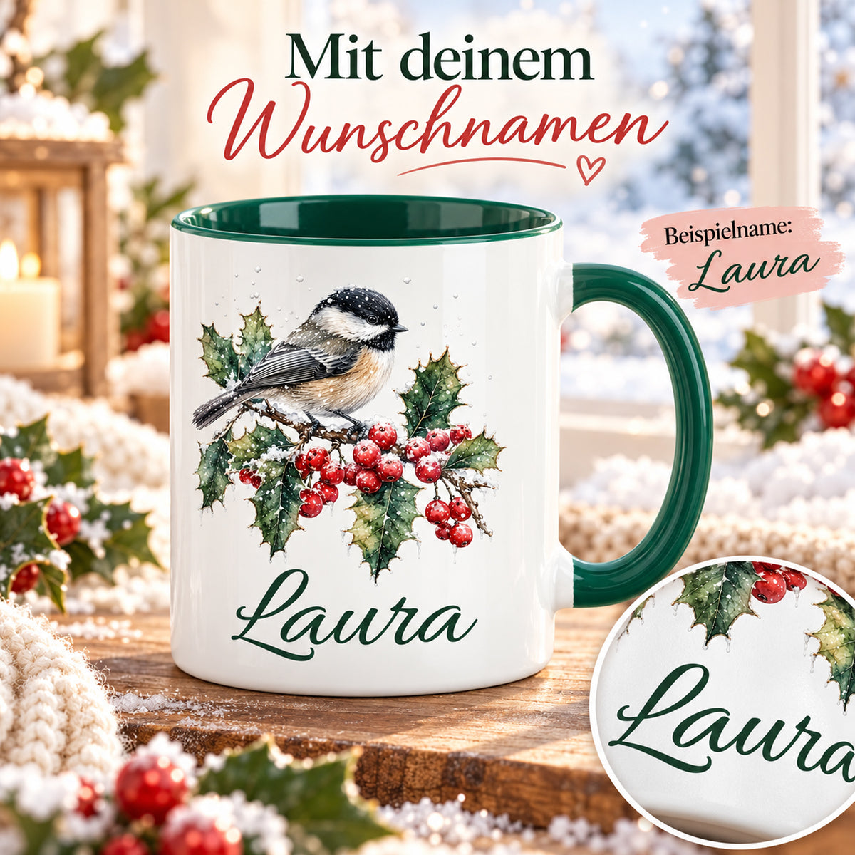 Personalisierte Tasse mit Wintervogel-Motiv; vergrößertes Detail der dunkelgrünen Namensschrift.