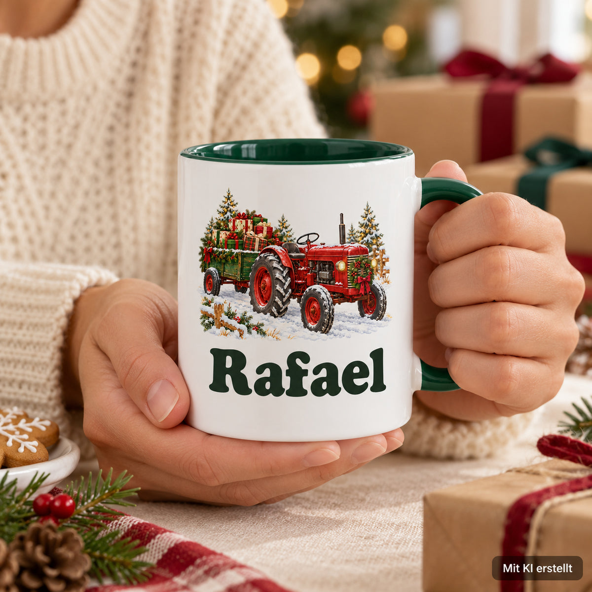 Hände im cremefarbenen Strickpullover halten eine weiße Weihnachtstasse mit grünem Henkel, Treckermotiv und Wunschname.