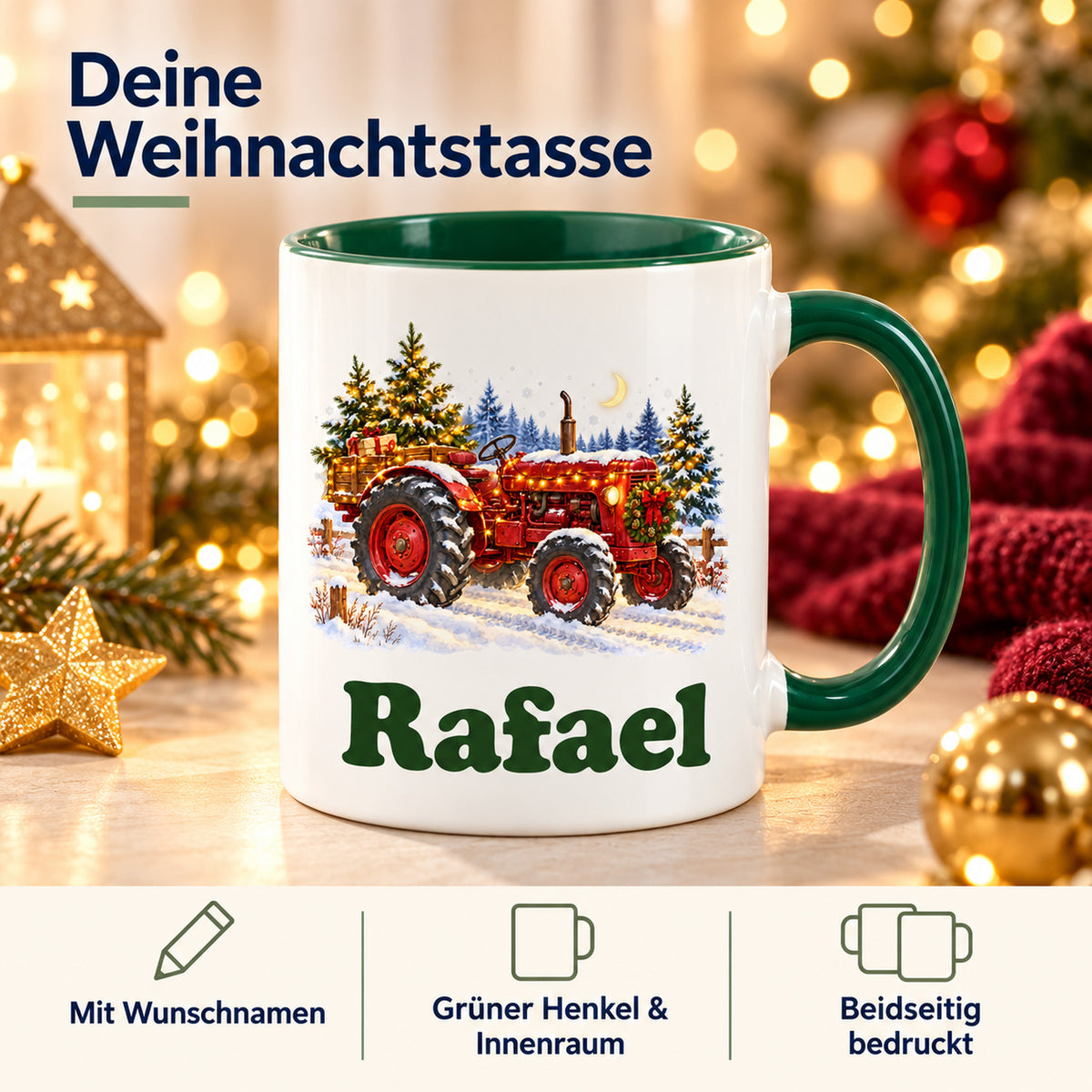 Weiße Tasse mit grünem Henkel und Innenraum; Infografik zu Wunschname, grünen Akzenten und beidseitigem Druck.