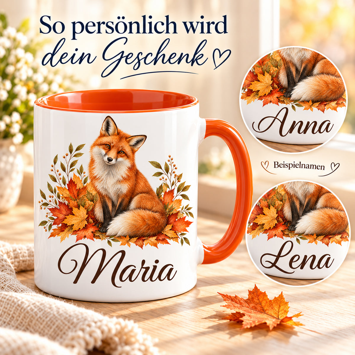 Tasse mit Fuchs und Herbstblättern und großem Namensdruck neben Detailansichten verschiedener Beispielnamen.