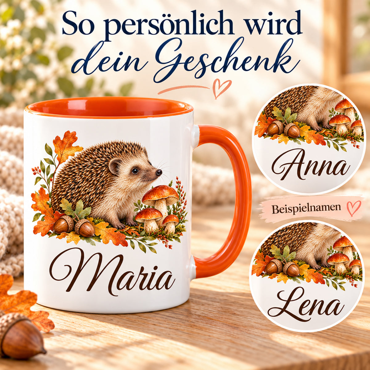 Tasse mit Igel, Pilzen und Herbstlaub und großem Namensdruck neben Detailansichten verschiedener Beispielnamen.