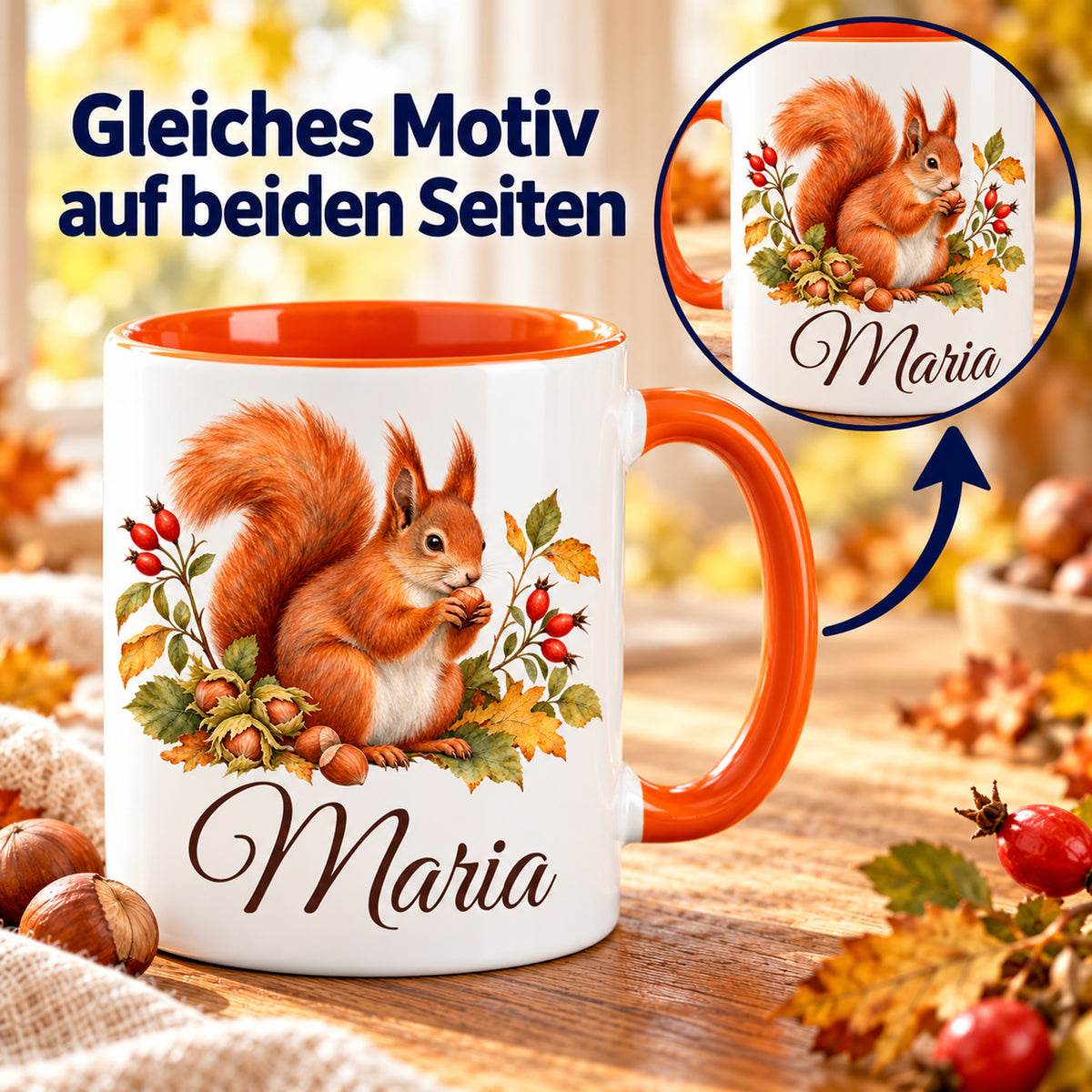 Eichhörnchen-Tasse mit identischem Motiv auf beiden Seiten, gezeigt mit Detailkreis und Drehpfeil.