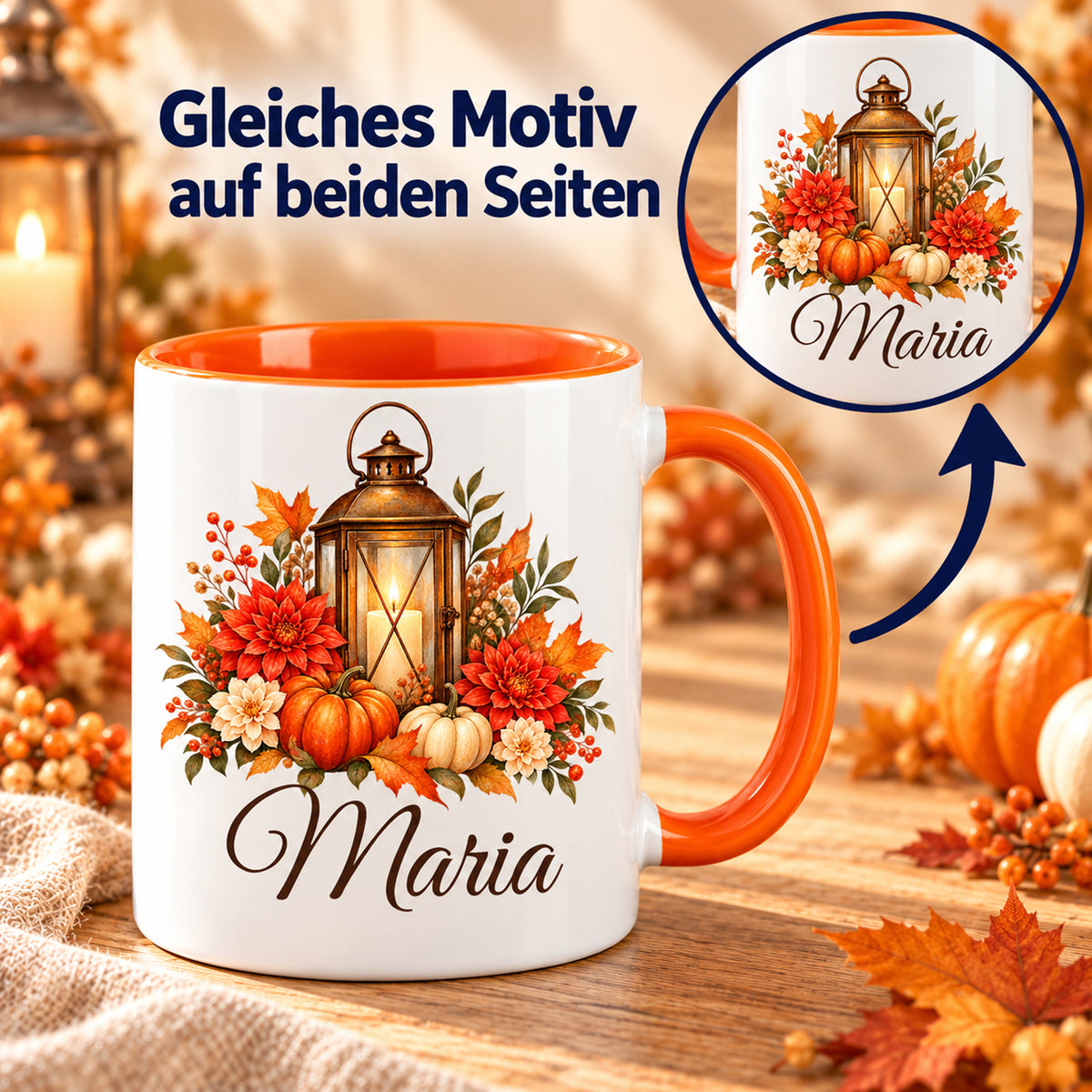 Herbsttasse mit Laterne und gleichem Motiv auf beiden Seiten, gezeigt mit Detailkreis und Drehpfeil.