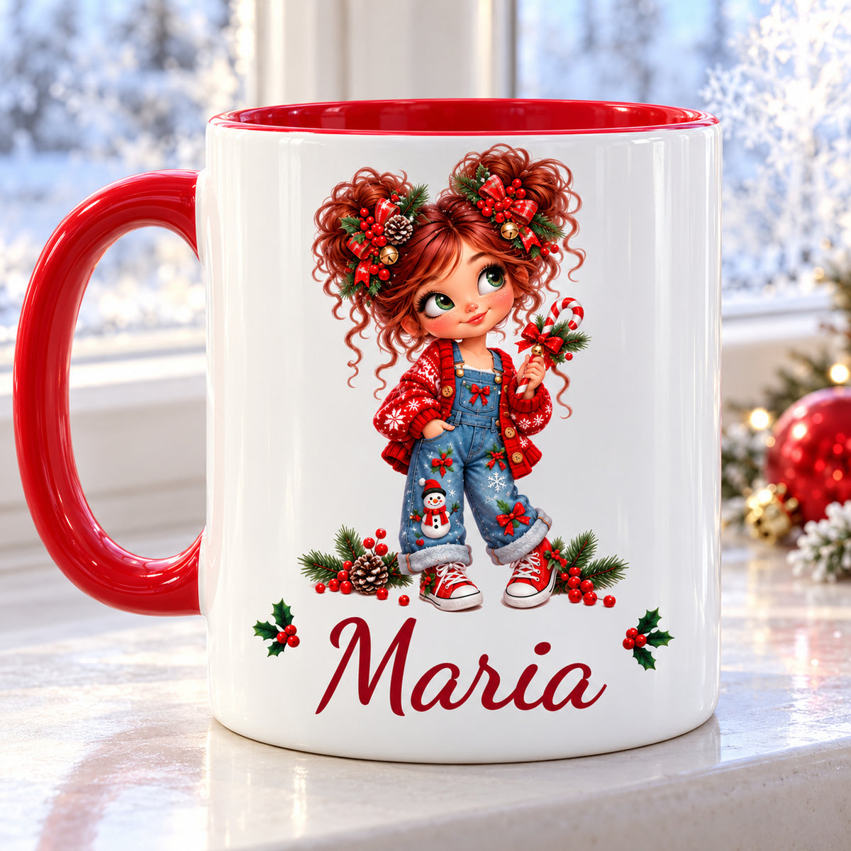 Rückseite der Weihnachtstasse Zuckerstange mit demselben Mädchenmotiv und Wunschname, roter Henkel links.