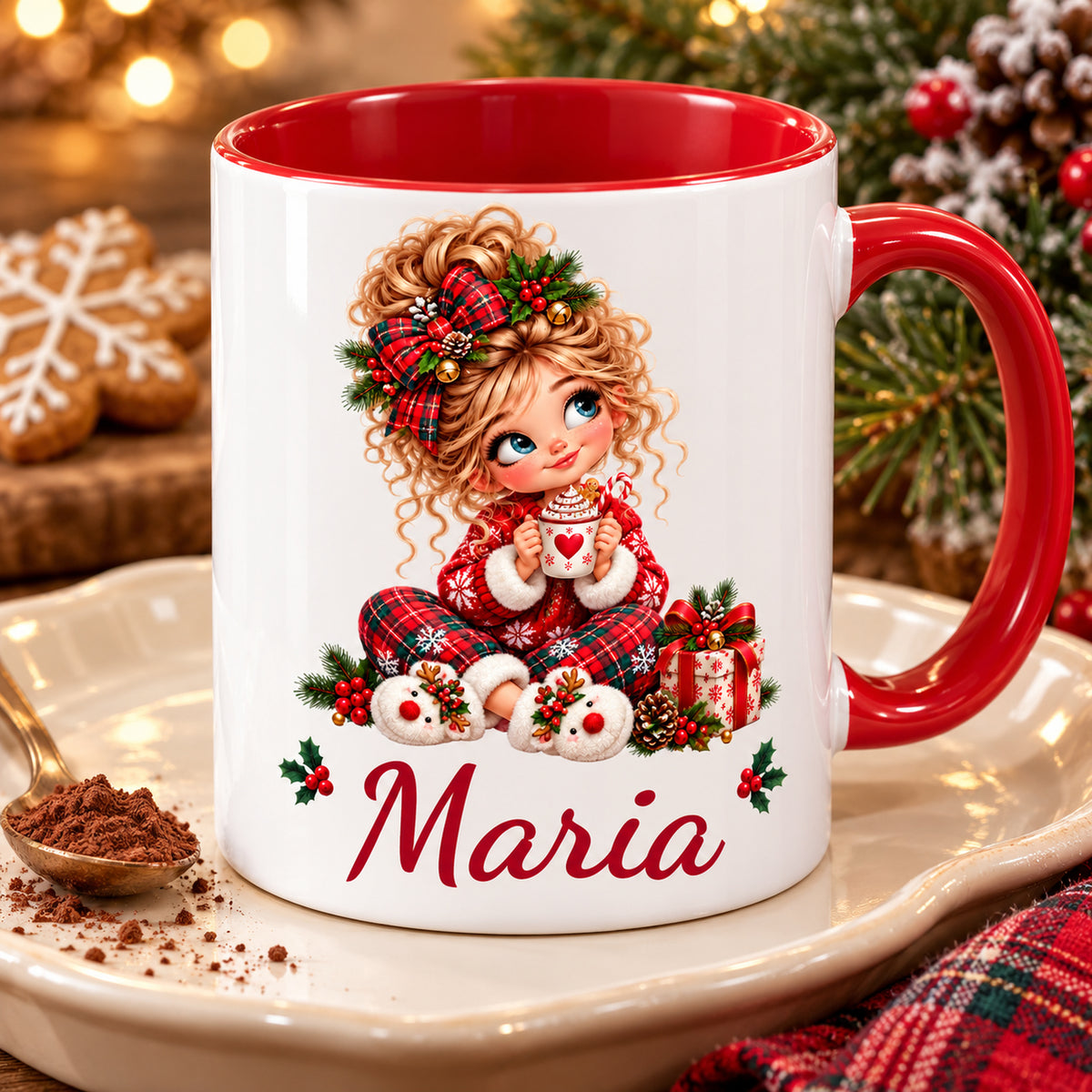 Schrägansicht der weißen Weihnachtstasse Kakao mit Wunschname und rotem Innenraum.