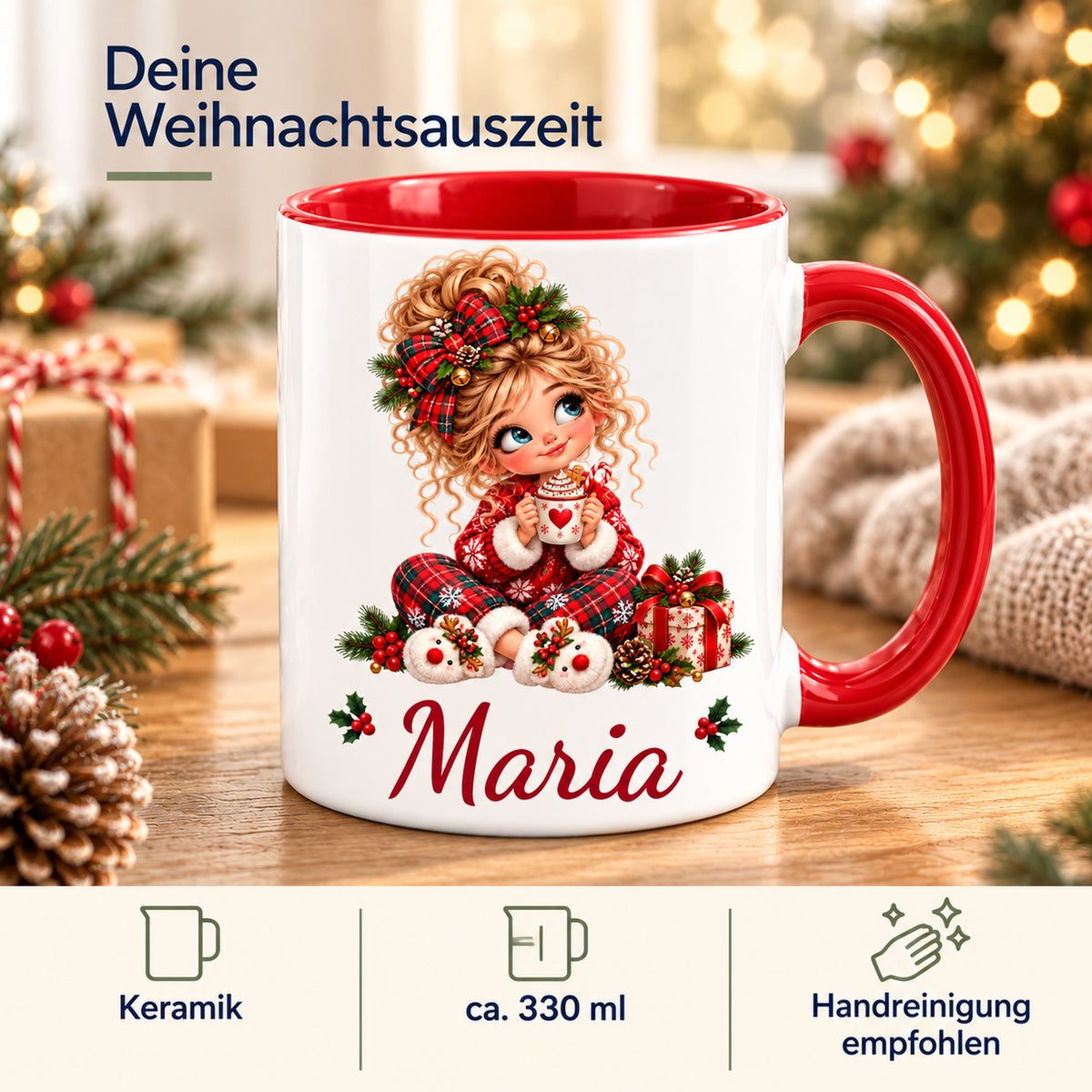 Weihnachtstasse Kakao mit Wunschname und Angaben zu Keramik, ca. 330 ml und empfohlener Handreinigung.