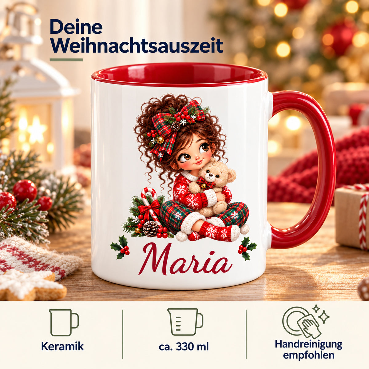 Weihnachtstasse Teddy mit Wunschname und Angaben zu Keramik, ca. 330 ml und empfohlener Handreinigung.