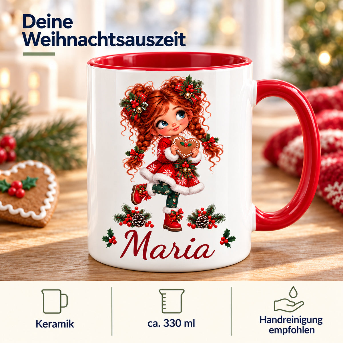 Weihnachtstasse Lebkuchenherz mit Wunschname und Angaben zu Keramik, ca. 330 ml und empfohlener Handreinigung.