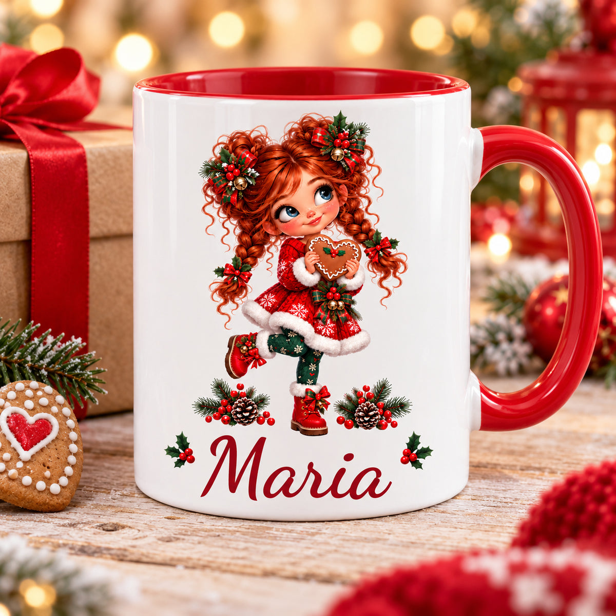 Personalisierte Weihnachtstasse Lebkuchenherz mit Wunschname in weihnachtlicher Geschenkszene.