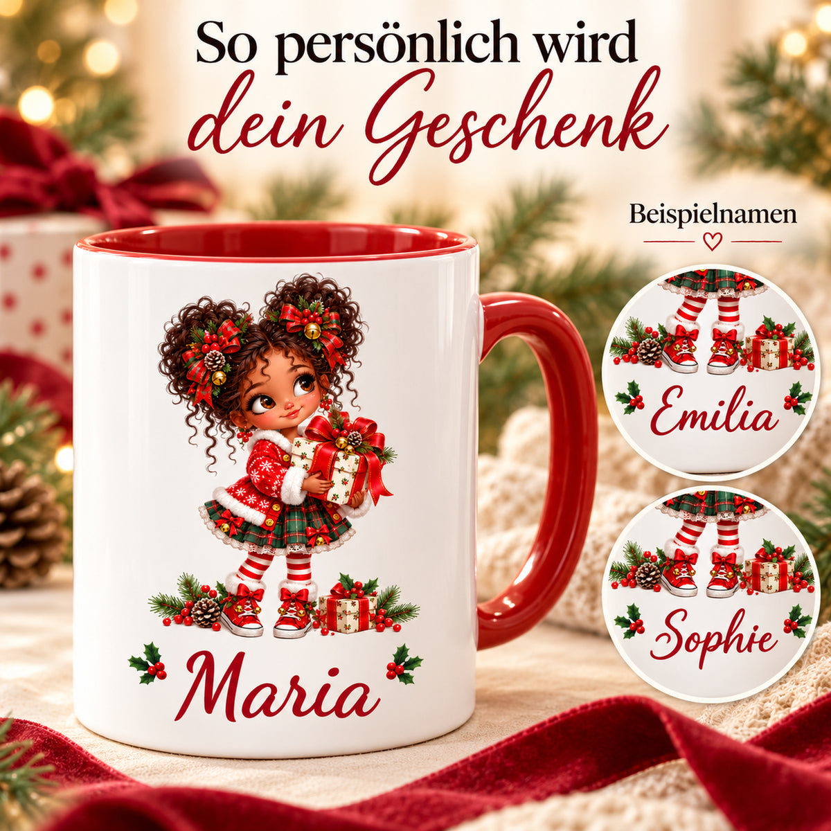 Namenspersonalisierung der Weihnachtstasse Geschenk mit verschiedenen Wunschnamen als Gestaltungsbeispiele.