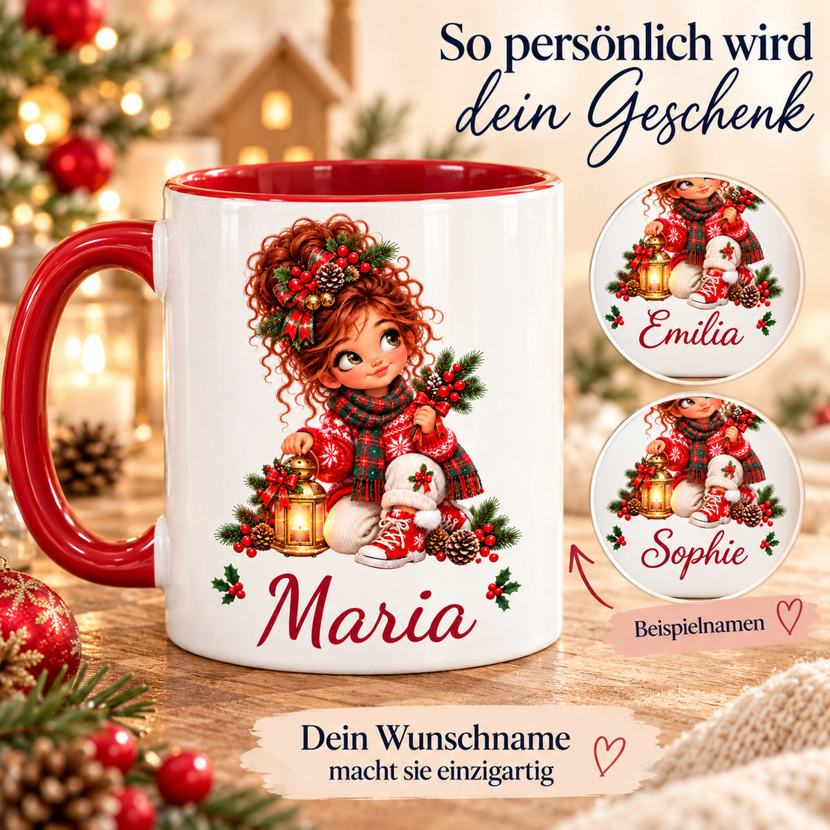 Namenspersonalisierung der Weihnachtstasse Laterne mit verschiedenen Wunschnamen als Gestaltungsbeispiele.