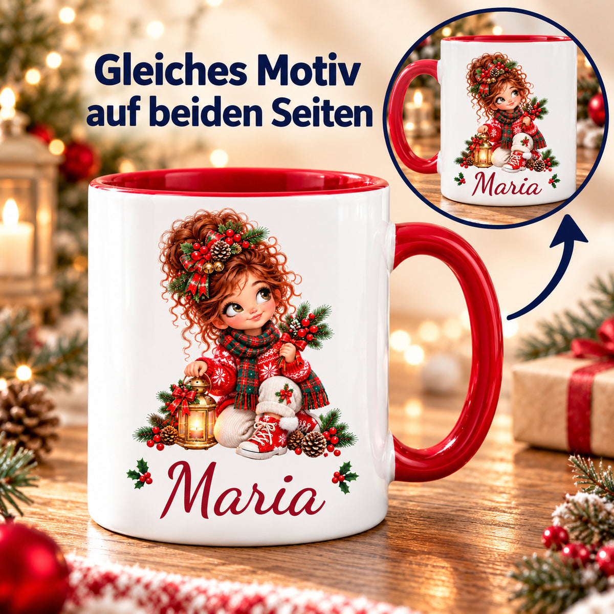 Weihnachtstasse Laterne mit Wunschname und Detailansicht des gleichen Drucks auf beiden Seiten.