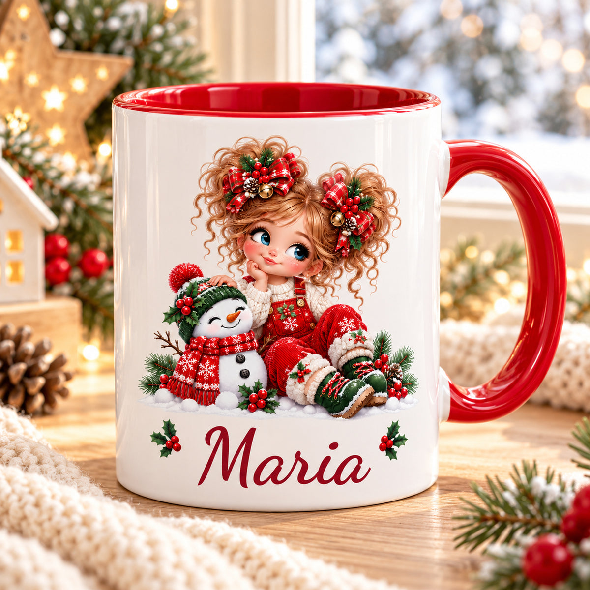 Personalisierte Weihnachtstasse mit Mädchenmotiv Schneemann und Wunschname, weiß mit rotem Henkel und roter Innenseite.