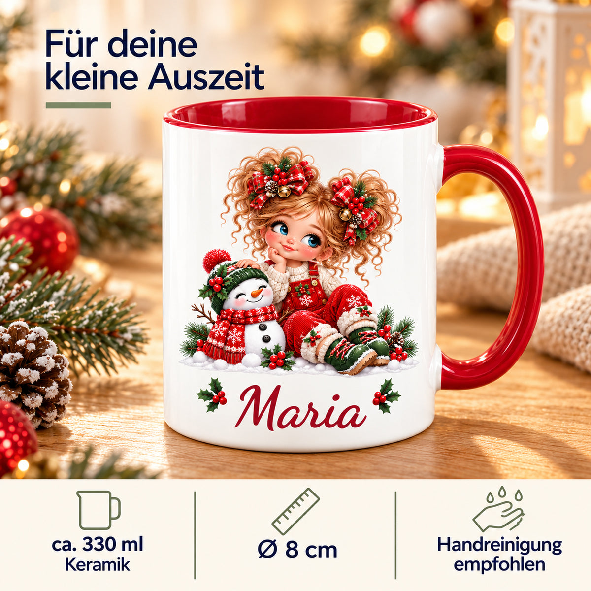 Weihnachtstasse Schneemann mit Wunschname und Angaben zu Keramik, ca. 330 ml und empfohlener Handreinigung.
