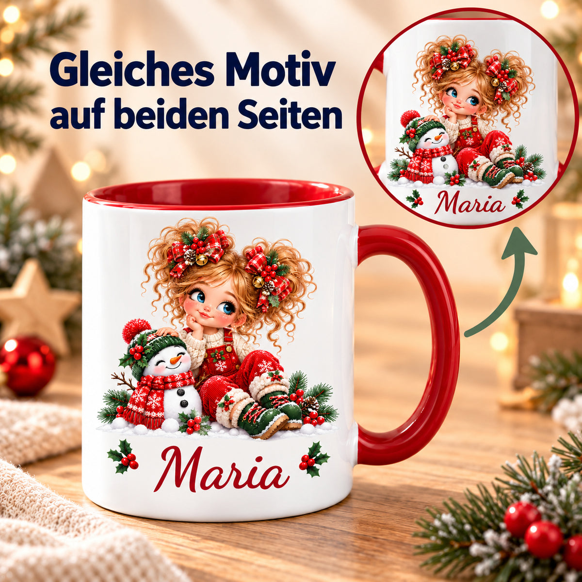 Weihnachtstasse Schneemann mit Wunschname und Detailansicht des gleichen Drucks auf beiden Seiten.