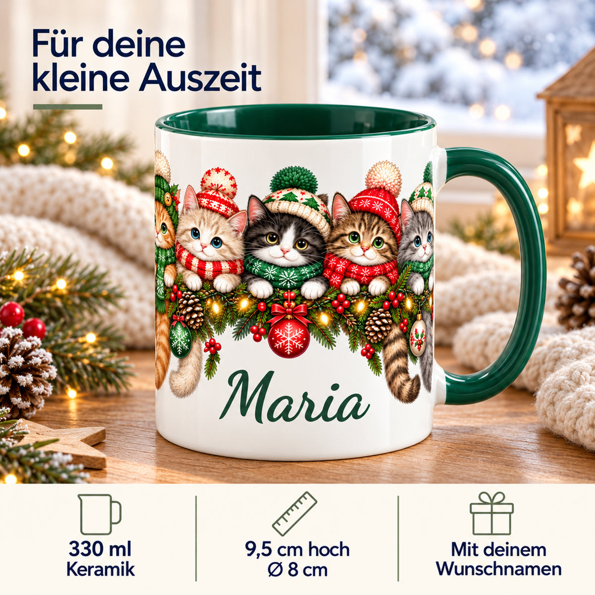 Weihnachtstasse mit Katzen und Wunschname; Infografik mit 330 ml, Keramik, 9,5 cm Höhe, 8 cm Durchmesser und Wunschname.
