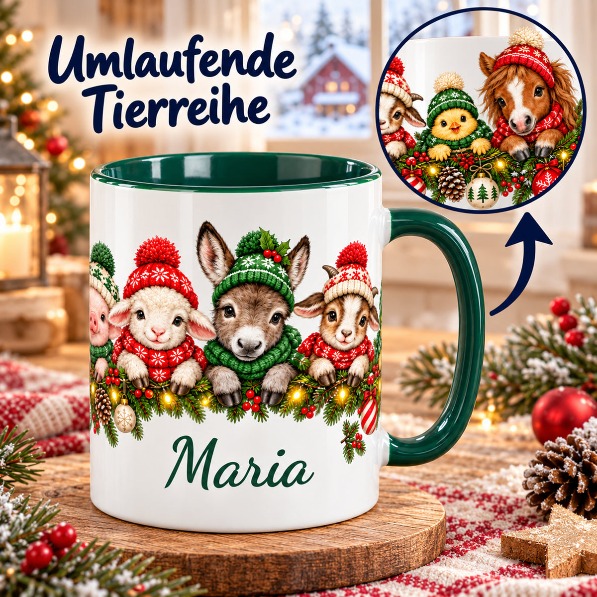 Weihnachtstasse mit Bauernhoftieren, Wunschname und einem runden Detailausschnitt der umlaufenden Tierreihe; Beschriftung Umlaufende Tierreihe.