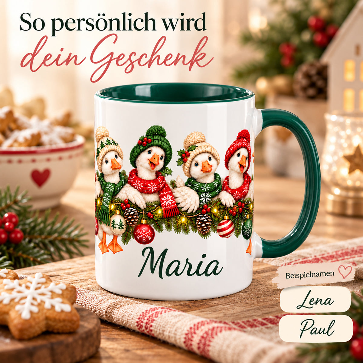 Gänse-Tasse mit Wunschname und Schriftbeispielen für die Personalisierung.