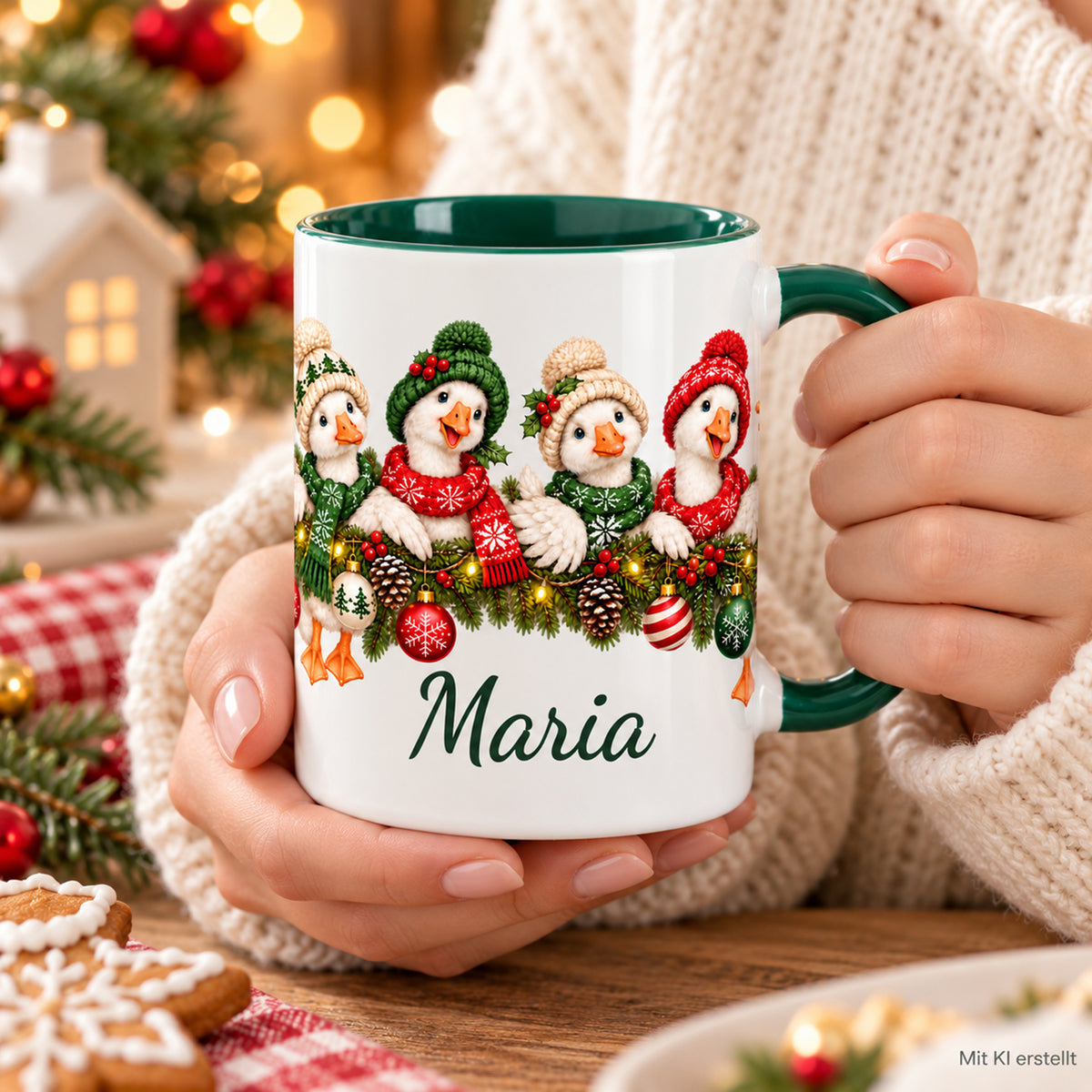 Gänse-Tasse mit Wunschname, von zwei Händen gehalten; grüner Henkel und grünes Inneres.
