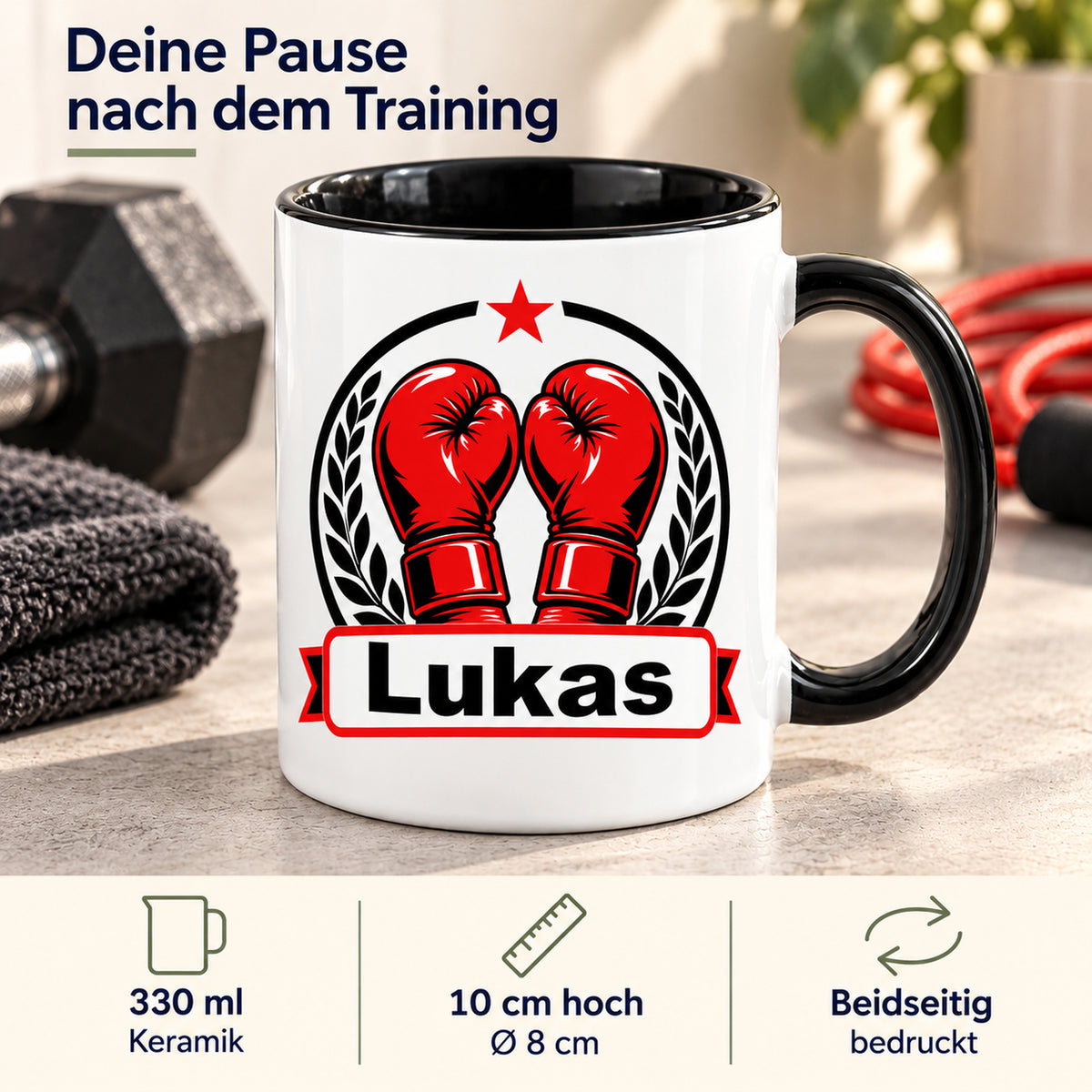 Boxemblem-Tasse mit Wunschname und Angaben: 330 ml, Keramik, 10 cm hoch, 8 cm Durchmesser und beidseitig bedruckt.