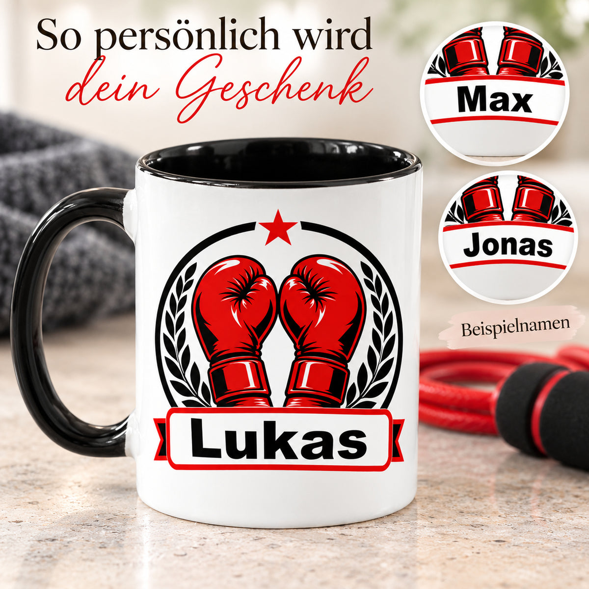 Boxemblem-Tasse mit Wunschname sowie vergrößerten Namensdetails zur Personalisierung.