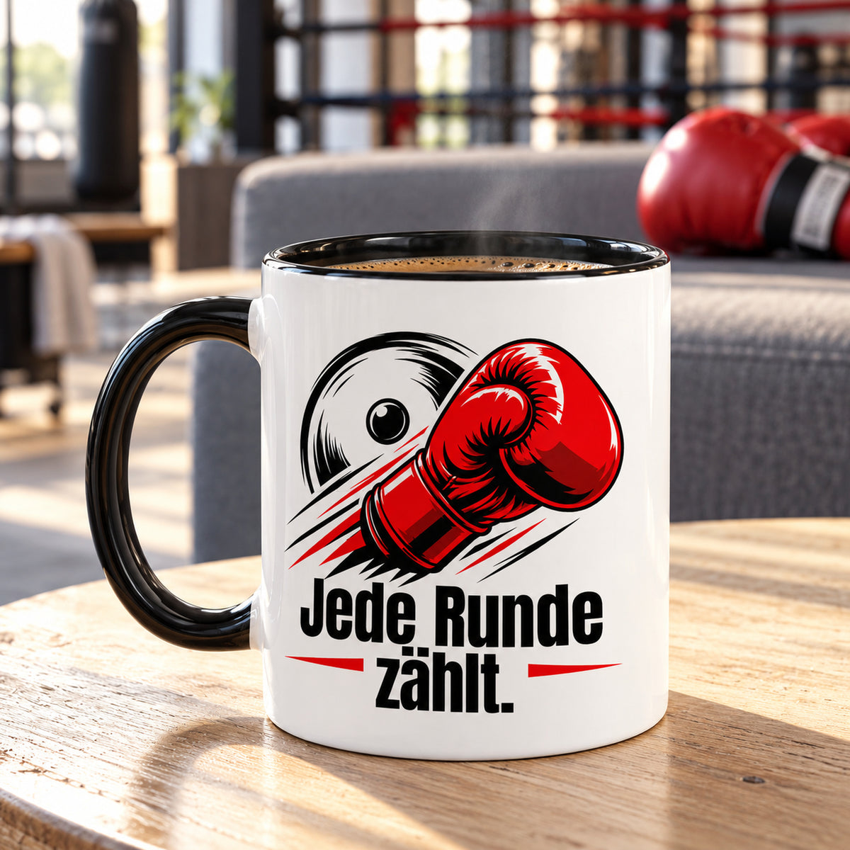 Weiße Boxsport-Tasse mit schwarzem Henkel, Rand und Innerem und Spruch „Jede Runde zählt.“ – Lifestyle-Ansicht in einer Boxsport-Umgebung.