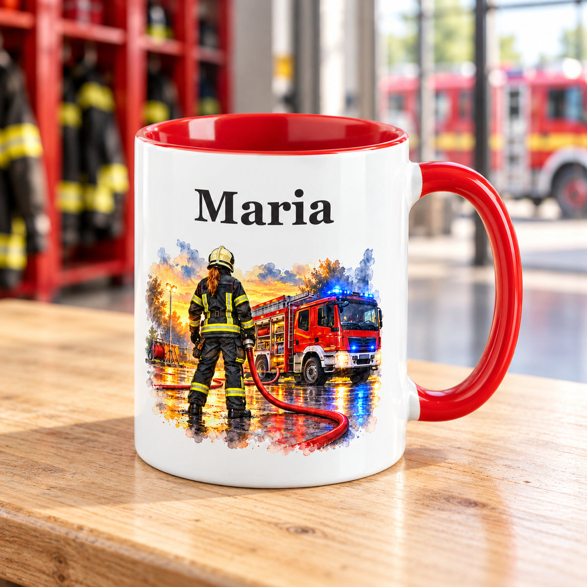 Schräge Ansicht der Tasse mit Feuerwehrfrau im Motiv „Bereit zum Einsatz“