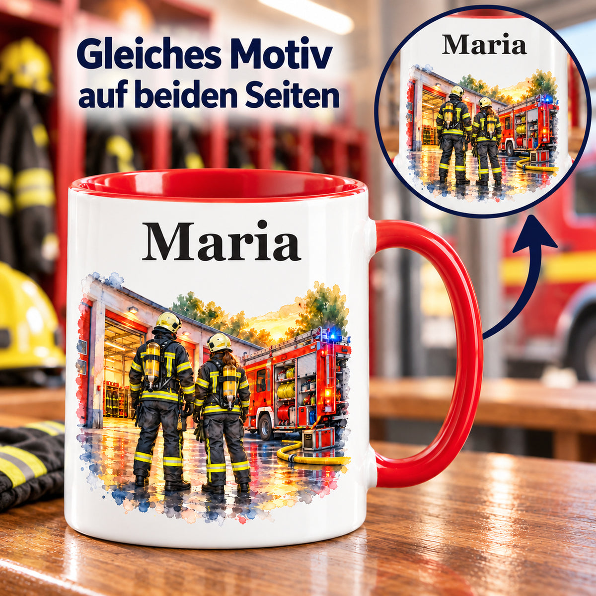 Beidseitiger Druck auf der Feuerwehrtasse mit Feuerwehrfrau im Motiv „Gemeinsam stark“