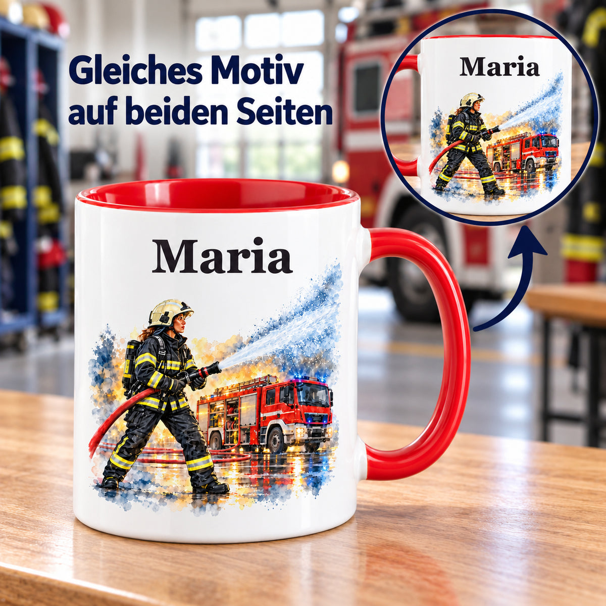 Beidseitiger Druck auf der Feuerwehrtasse mit Feuerwehrfrau im Motiv „Wasser marsch“