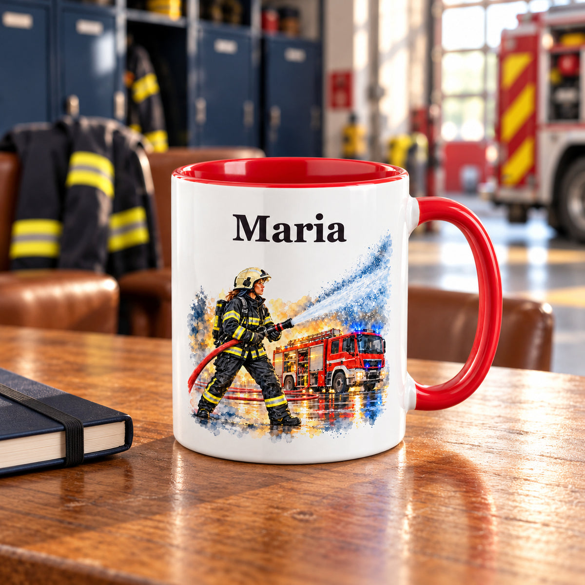 Personalisierte Tasse mit Feuerwehrfrau im Motiv „Wasser marsch“ in einer Feuerwehrszene