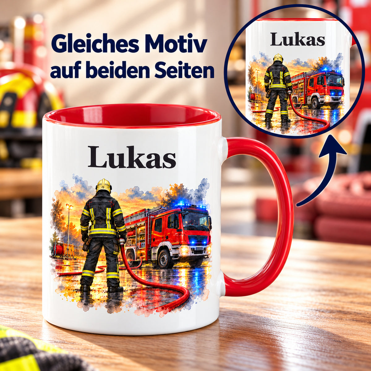 Beidseitiger Druck auf der Feuerwehrtasse mit Feuerwehrmann im Motiv „Bereit zum Einsatz“