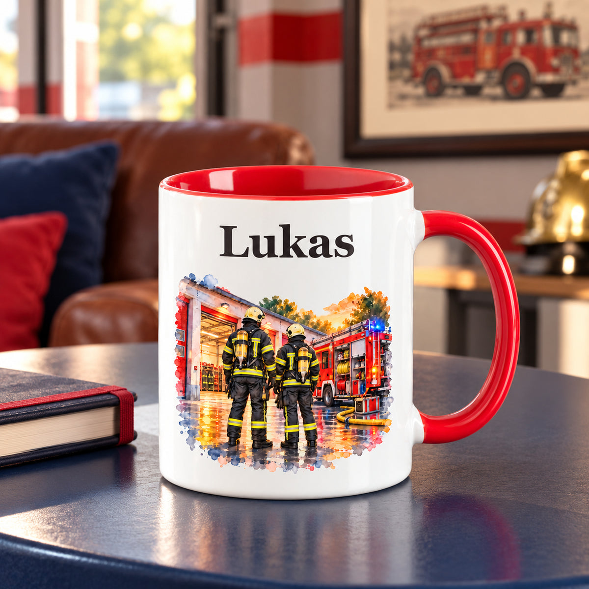 Personalisierte Tasse mit Feuerwehrmann im Motiv „Gemeinsam stark“ in einer Feuerwehrszene