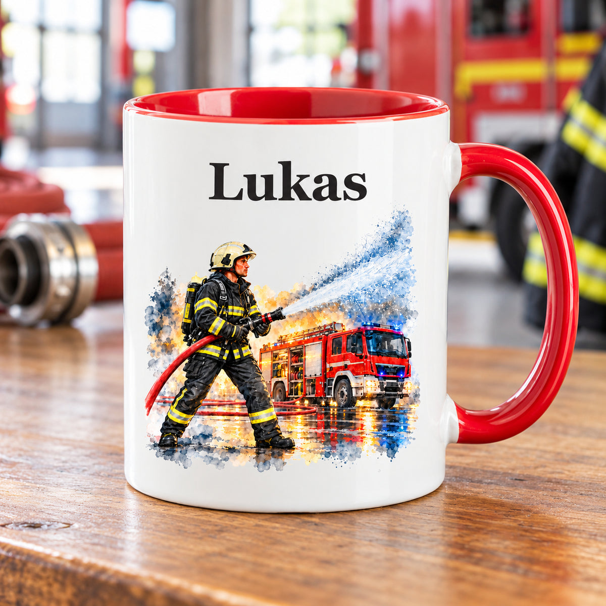 Tasse mit Feuerwehrmann im Motiv „Wasser marsch“, rotem Henkel und roter Innenseite