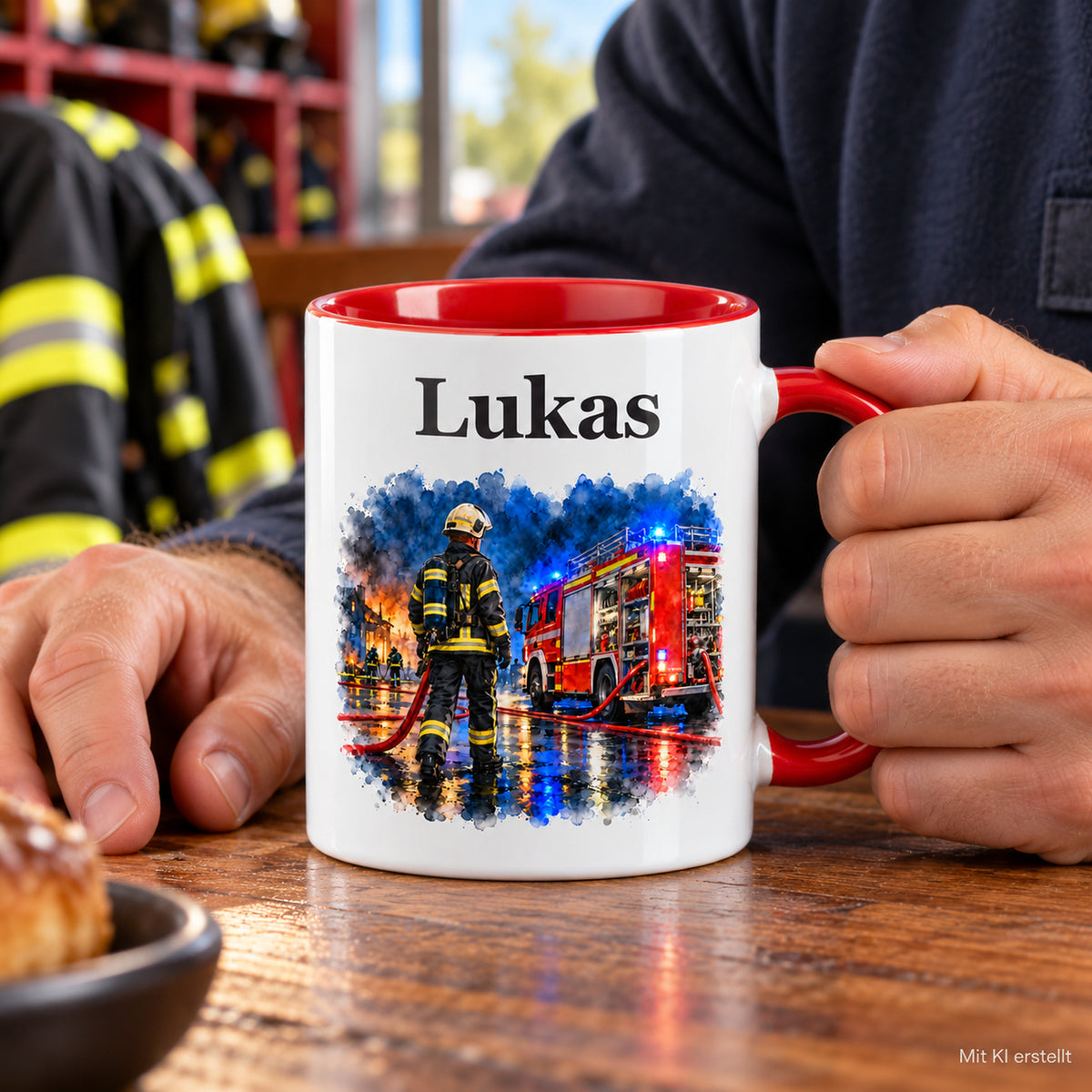 Personalisierte Tasse mit Feuerwehrmann im Motiv „Blaulicht bei Nacht“, in Händen gehalten