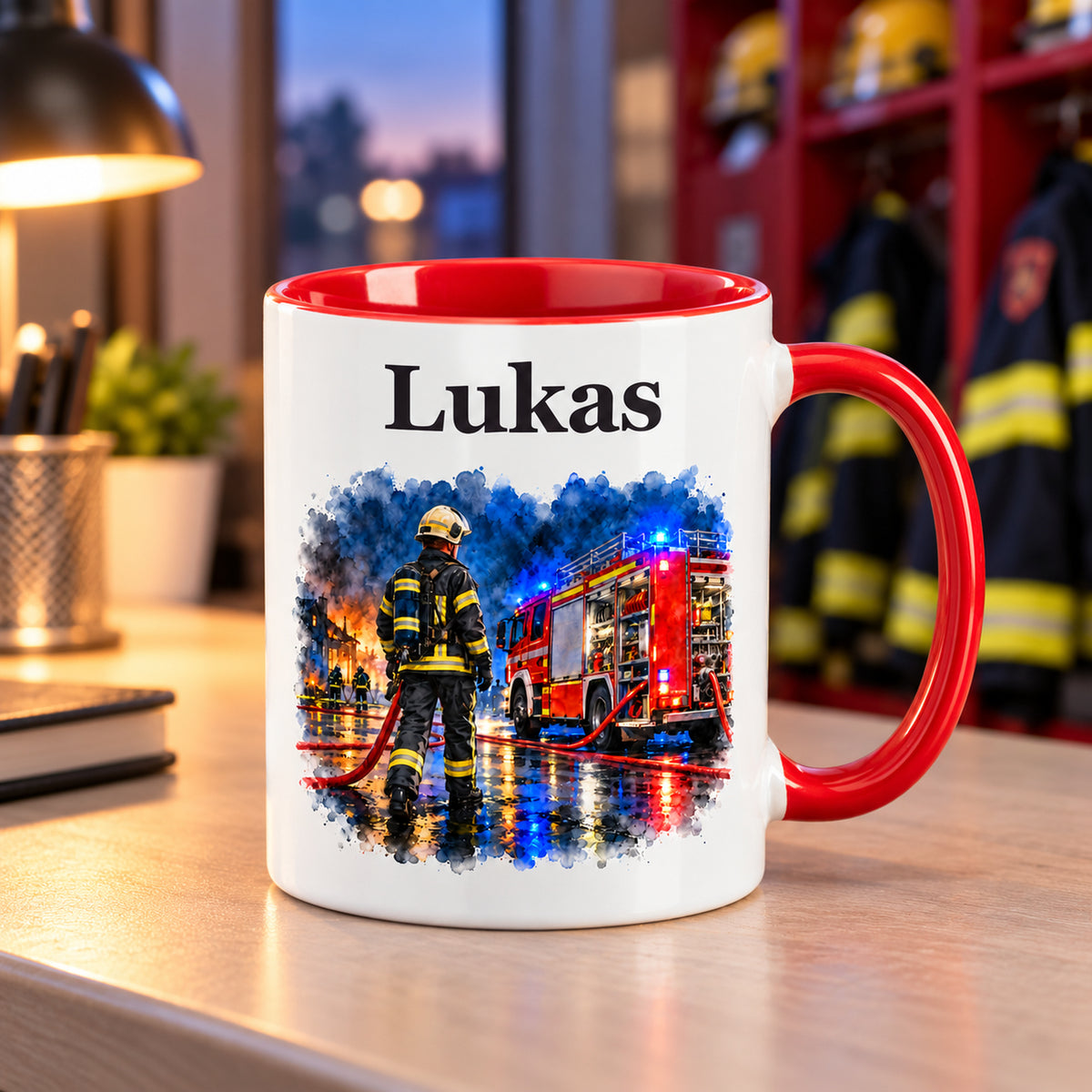 Personalisierte Tasse mit Feuerwehrmann im Motiv „Blaulicht bei Nacht“ in einer Feuerwehrszene