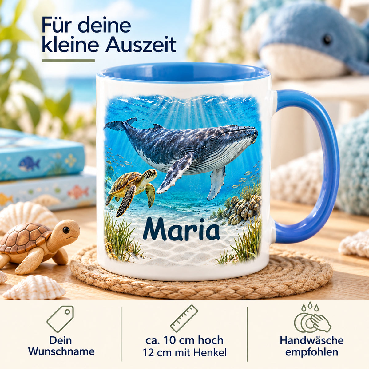 Wal-Tasse mit Meeresschildkröte und Name Maria: ca. 10 cm hoch, ca. 12 cm mit Henkel, Handwäsche empfohlen